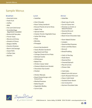 Dining menu of Baywood Court, Assisted Living, Nursing Home, Independent Living, CCRC, Castro Valley, CA 1