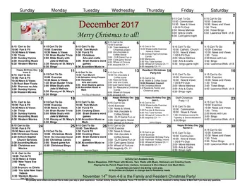 Activity Calendar of Sharmar Village, Assisted Living, Nursing Home, Independent Living, CCRC, Pueblo, CO 1