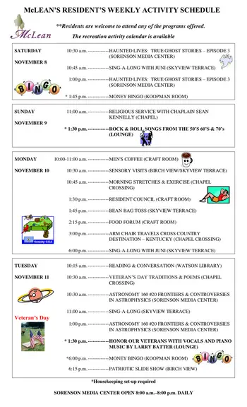 Activity Calendar of McLean, Assisted Living, Nursing Home, Independent Living, CCRC, Simsbury, CT 1