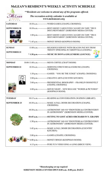 Activity Calendar of McLean, Assisted Living, Nursing Home, Independent Living, CCRC, Simsbury, CT 16