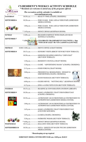 Activity Calendar of McLean, Assisted Living, Nursing Home, Independent Living, CCRC, Simsbury, CT 12