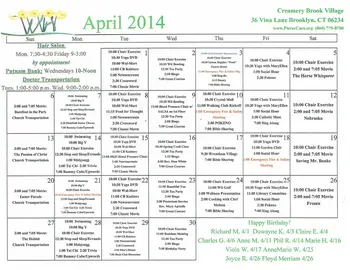 Activity Calendar of PierceCare, Assisted Living, Nursing Home, Independent Living, CCRC, Brooklyn, CT 2