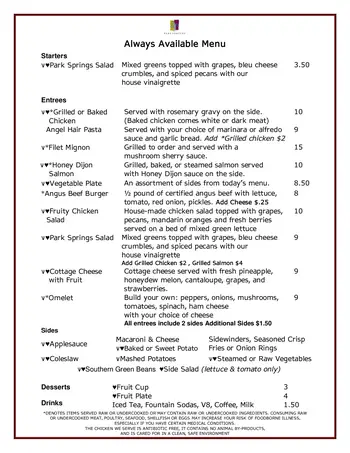 Dining menu of Park Springs, Assisted Living, Nursing Home, Independent Living, CCRC, Stone Mountain, GA 5