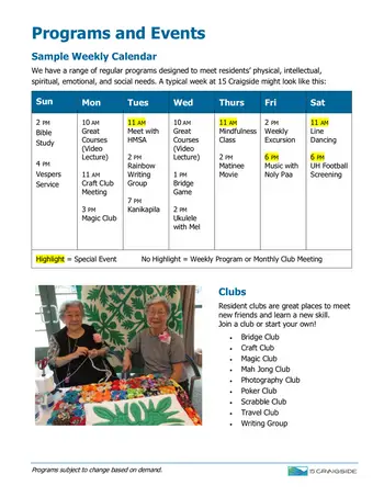 Activity Calendar of Arcadia, Assisted Living, Nursing Home, Independent Living, CCRC, Honolulu, HI 1
