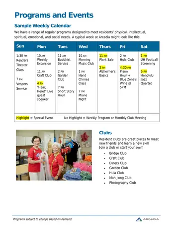 Activity Calendar of Arcadia, Assisted Living, Nursing Home, Independent Living, CCRC, Honolulu, HI 4