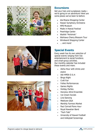 Activity Calendar of Arcadia, Assisted Living, Nursing Home, Independent Living, CCRC, Honolulu, HI 5