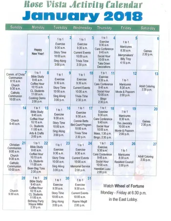 Activity Calendar of Rose Vista, Assisted Living, Nursing Home, Independent Living, CCRC, Woodbine, IA 2