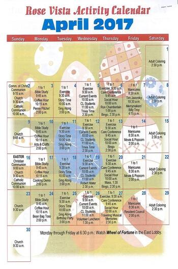 Activity Calendar of Rose Vista, Assisted Living, Nursing Home, Independent Living, CCRC, Woodbine, IA 1