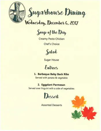Dining menu of Sugar Hill Retirement Community, Assisted Living, Nursing Home, Independent Living, CCRC, Wolfeboro, NH 3