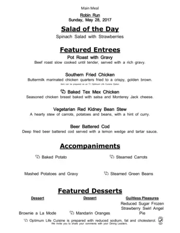 Dining menu of Robin Run Village, Assisted Living, Nursing Home, Independent Living, CCRC, Indianapolis, IN 1