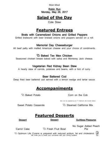 Dining menu of Robin Run Village, Assisted Living, Nursing Home, Independent Living, CCRC, Indianapolis, IN 2