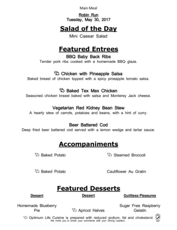 Dining menu of Robin Run Village, Assisted Living, Nursing Home, Independent Living, CCRC, Indianapolis, IN 3