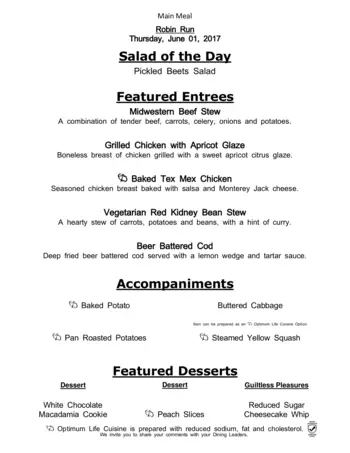 Dining menu of Robin Run Village, Assisted Living, Nursing Home, Independent Living, CCRC, Indianapolis, IN 5