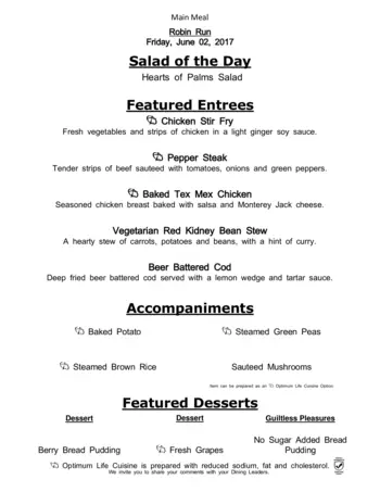 Dining menu of Robin Run Village, Assisted Living, Nursing Home, Independent Living, CCRC, Indianapolis, IN 6