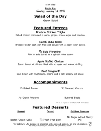 Dining menu of Robin Run Village, Assisted Living, Nursing Home, Independent Living, CCRC, Indianapolis, IN 9