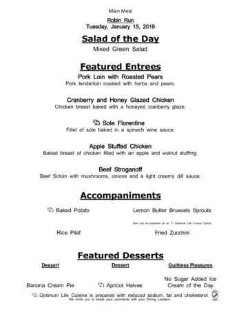 Dining menu of Robin Run Village, Assisted Living, Nursing Home, Independent Living, CCRC, Indianapolis, IN 10