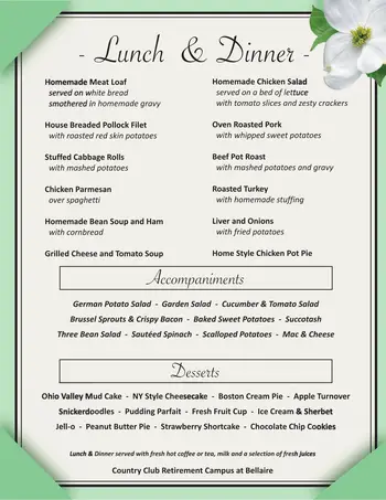 Dining menu of Country Club Retirement Campus Bellaire, Assisted Living, Nursing Home, Independent Living, CCRC, Bellaire, OH 1