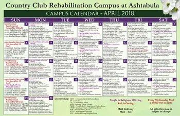 Activity Calendar of Country Club Retirement Campus Ashtabula, Assisted Living, Nursing Home, Independent Living, CCRC, Ashtabula, OH 1
