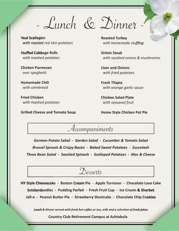 Dining menu of Country Club Retirement Campus Ashtabula, Assisted Living, Nursing Home, Independent Living, CCRC, Ashtabula, OH 1