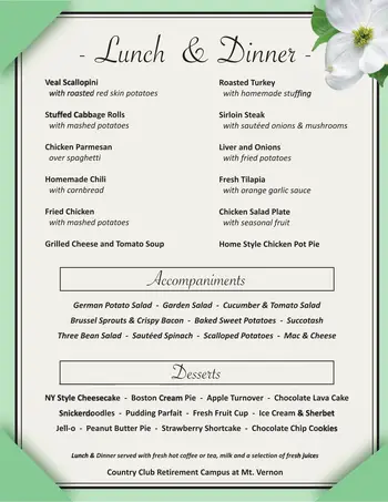 Dining menu of Country Club Retirement Campus Mt. Vernon, Assisted Living, Nursing Home, Independent Living, CCRC, Mount Vernon, OH 1