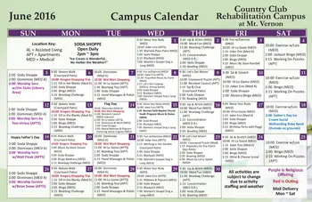 Activity Calendar of Country Club Retirement Campus Mt. Vernon, Assisted Living, Nursing Home, Independent Living, CCRC, Mount Vernon, OH 2