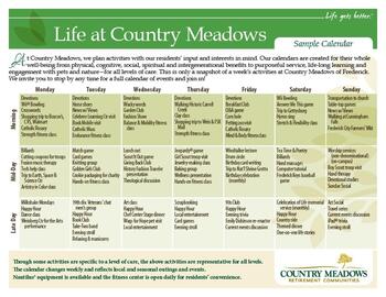 Activity Calendar of Country Meadows of Frederick, Assisted Living, Nursing Home, Independent Living, CCRC, Frederick, MD 1