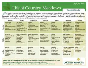 Activity Calendar of Country Meadows of Pittsburgh, Assisted Living, Nursing Home, Independent Living, CCRC, Bridgeville, PA 1