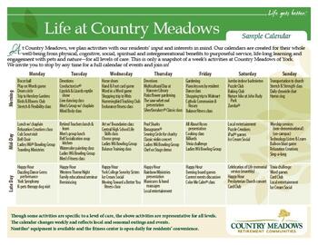 Activity Calendar of Country Meadows of York West, Assisted Living, Nursing Home, Independent Living, CCRC, York, PA 1