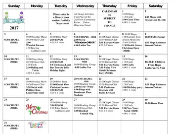 Activity Calendar of Valley View Village, Assisted Living, Nursing Home, Independent Living, CCRC, Des Moines, IA 1