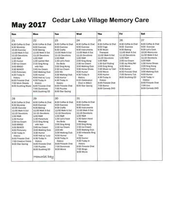 Activity Calendar of Good Samaritan Society Cedar Lake Village, Assisted Living, Nursing Home, Independent Living, CCRC, Olathe, KS 2
