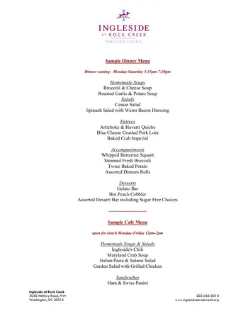 Dining menu of Ingleside at Rock Creek, Assisted Living, Nursing Home, Independent Living, CCRC, Washington, DC 2