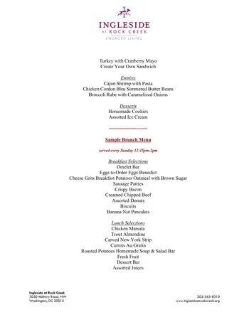 Dining menu of Ingleside at Rock Creek, Assisted Living, Nursing Home, Independent Living, CCRC, Washington, DC 3