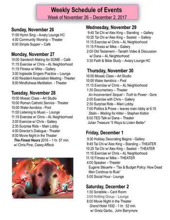 Activity Calendar of Ingleside at Rock Creek, Assisted Living, Nursing Home, Independent Living, CCRC, Washington, DC 2