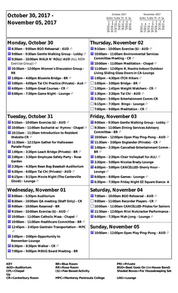 Activity Calendar of Canterbury Woods, Assisted Living, Nursing Home, Independent Living, CCRC, Pacific Grove, CA 1