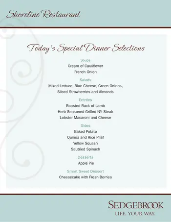 Dining menu of Sedgebrook, Assisted Living, Nursing Home, Independent Living, CCRC, Lincolnshire, IL 3