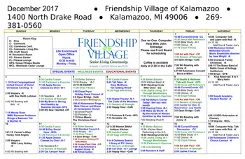 Activity Calendar of Friendship Village, Assisted Living, Nursing Home, Independent Living, CCRC, Kalamazoo, MI 1
