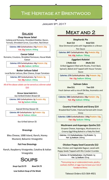 Dining menu of The Heritage at Brentwood, Assisted Living, Nursing Home, Independent Living, CCRC, Brentwood, TN 1