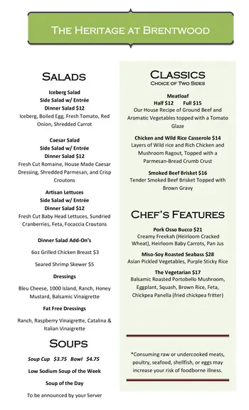 Dining menu of The Heritage at Brentwood, Assisted Living, Nursing Home, Independent Living, CCRC, Brentwood, TN 3