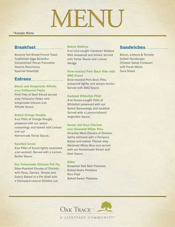 Dining menu of Oak Trace, Assisted Living, Nursing Home, Independent Living, CCRC, Downers Grove, IL 1