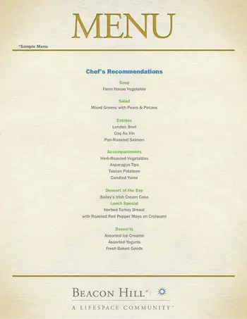 Dining menu of Beacon Hill, Assisted Living, Nursing Home, Independent Living, CCRC, Lombard, IL 1