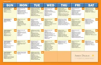 Activity Calendar of Abbey Delray, Assisted Living, Nursing Home, Independent Living, CCRC, Delray Beach, FL 1