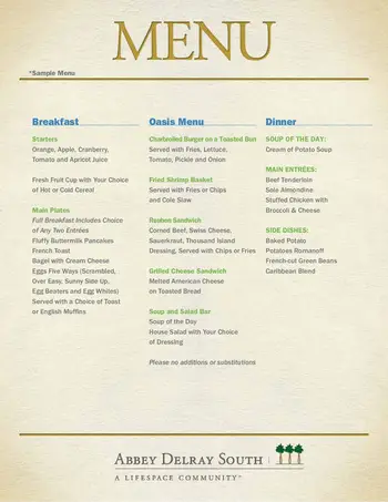 Dining menu of Abbey Delray South, Assisted Living, Nursing Home, Independent Living, CCRC, Delray Beach, FL 1