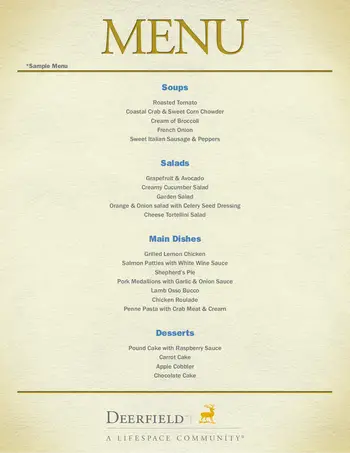 Dining menu of Deerfield, Assisted Living, Nursing Home, Independent Living, CCRC, Urbandale, IA 1
