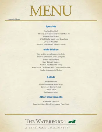 Dining menu of The Waterford, Assisted Living, Nursing Home, Independent Living, CCRC, Juno Beach, FL 1