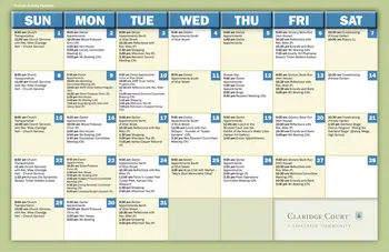 Activity Calendar of Claridge Court, Assisted Living, Nursing Home, Independent Living, CCRC, Prairie Village, KS 1