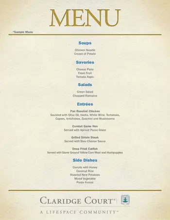 Dining menu of Claridge Court, Assisted Living, Nursing Home, Independent Living, CCRC, Prairie Village, KS 1