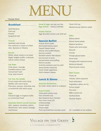 Dining menu of Village on the Green, Assisted Living, Nursing Home, Independent Living, CCRC, Longwood, FL 1
