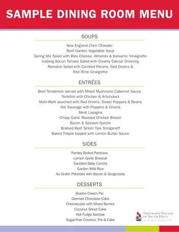 Dining menu of Friendship Village of South Hills, Assisted Living, Nursing Home, Independent Living, CCRC, Upper St Clair, PA 2