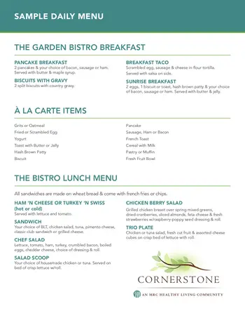 Dining menu of Cornerstone, Assisted Living, Nursing Home, Independent Living, CCRC, Texarkana, TX 1
