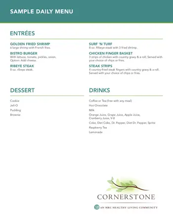 Dining menu of Cornerstone, Assisted Living, Nursing Home, Independent Living, CCRC, Texarkana, TX 2